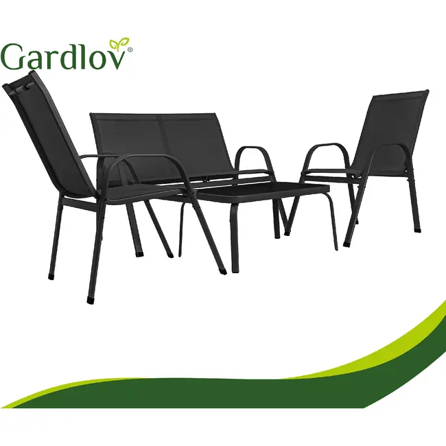 Gardlov Zwarte balkonmeubelset 4-persoons met bank, 2 fauteuils en lage glazen tafel buiten