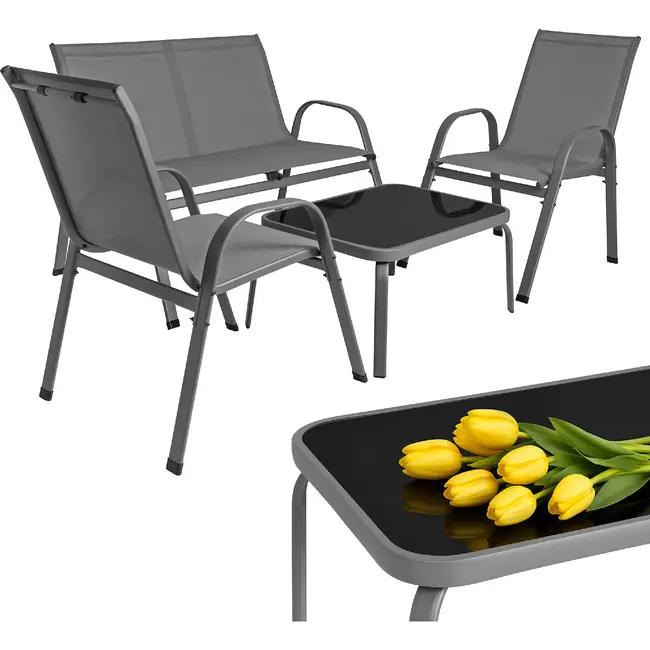 Gardlov Grijze balkonmeubelset voor 4 personen met stalen frame, 2-zitsbank, 2 stoelen en glazen tafel