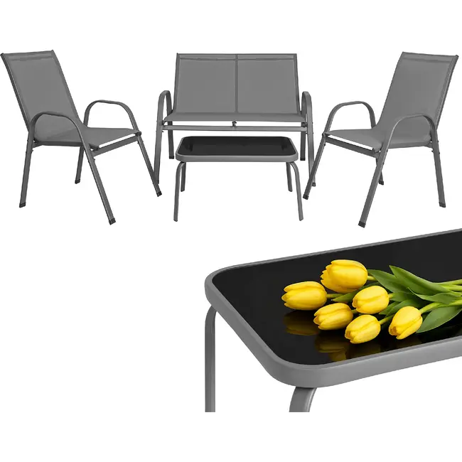 Gardlov Grijze balkonmeubelset voor 4 personen met stalen frame, 2-zitsbank, 2 stoelen en glazen tafel