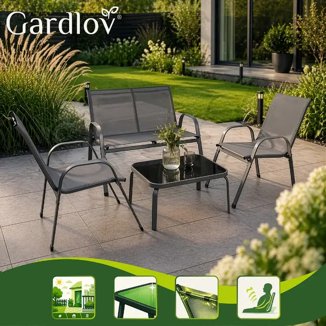 Gardlov Grijze balkonmeubelset voor 4 personen met stalen frame, 2-zitsbank, 2 stoelen en glazen tafel