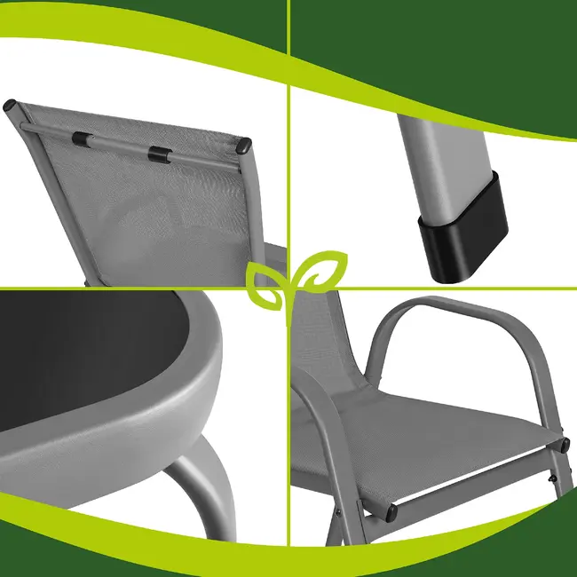 Gardlov Grijze balkonmeubelset voor 4 personen met stalen frame, 2-zitsbank, 2 stoelen en glazen tafel