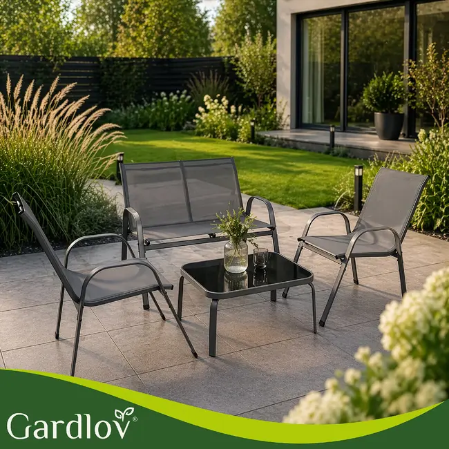 Gardlov Grijze balkonmeubelset voor 4 personen met stalen frame, 2-zitsbank, 2 stoelen en glazen tafel