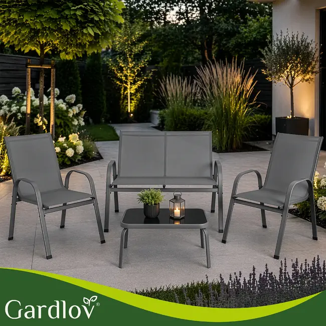 Gardlov Grijze balkonmeubelset voor 4 personen met stalen frame, 2-zitsbank, 2 stoelen en glazen tafel