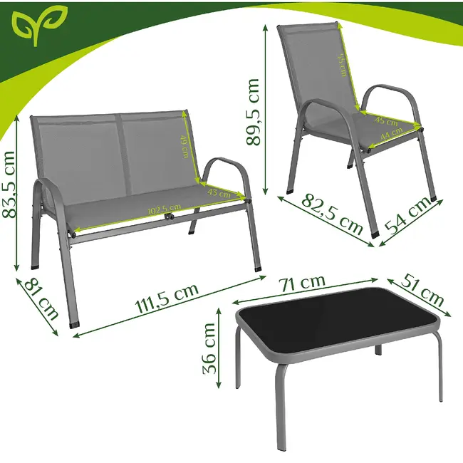 Gardlov Grijze balkonmeubelset voor 4 personen met stalen frame, 2-zitsbank, 2 stoelen en glazen tafel