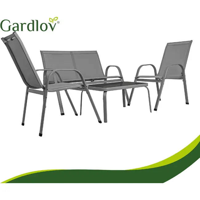 Gardlov Grijze balkonmeubelset voor 4 personen met stalen frame, 2-zitsbank, 2 stoelen en glazen tafel