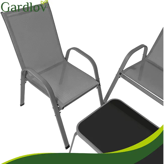 Gardlov Grijze balkonmeubelset voor 4 personen met stalen frame, 2-zitsbank, 2 stoelen en glazen tafel