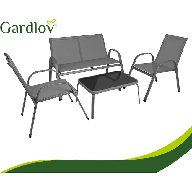 Gardlov Grijze balkonmeubelset voor 4 personen met stalen frame, 2-zitsbank, 2 stoelen en glazen tafel