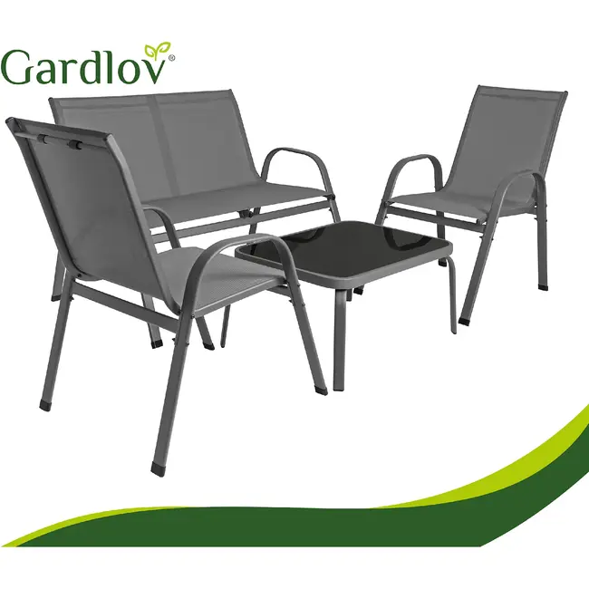 Gardlov Grijze balkonmeubelset voor 4 personen met stalen frame, 2-zitsbank, 2 stoelen en glazen tafel