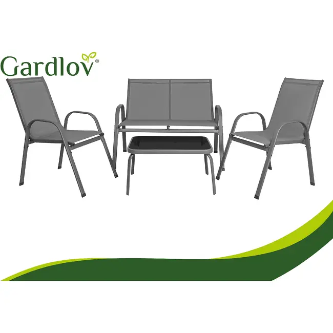 Gardlov Grijze balkonmeubelset voor 4 personen met stalen frame, 2-zitsbank, 2 stoelen en glazen tafel