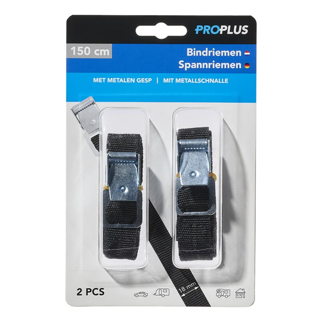 ProPlus Bindriemen met metalen gesp - 18 mm x 150 cm - zwart - set van 2