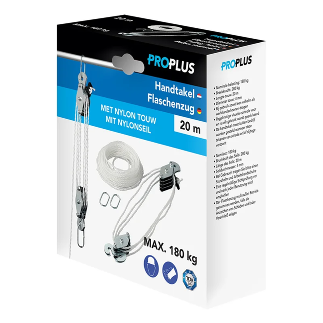 ProPlus Handtakel - 20m Nylon Touw - Max. Belasting 180kg - Breekkracht 400kg
