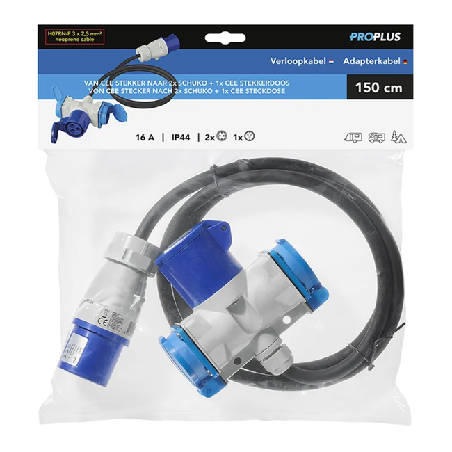 ProPlus Verloopkabel - 3 weg - 150 cm - CEE naar Schuko - IP44 - 3 x 2,5 mm²