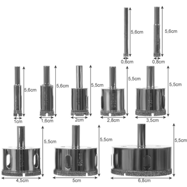 Bigstren 10-delige Diamantboorset voor Professionals - Ø 6, 8, 10, 16, 20, 28, 35, 45, 50 en 68 mm