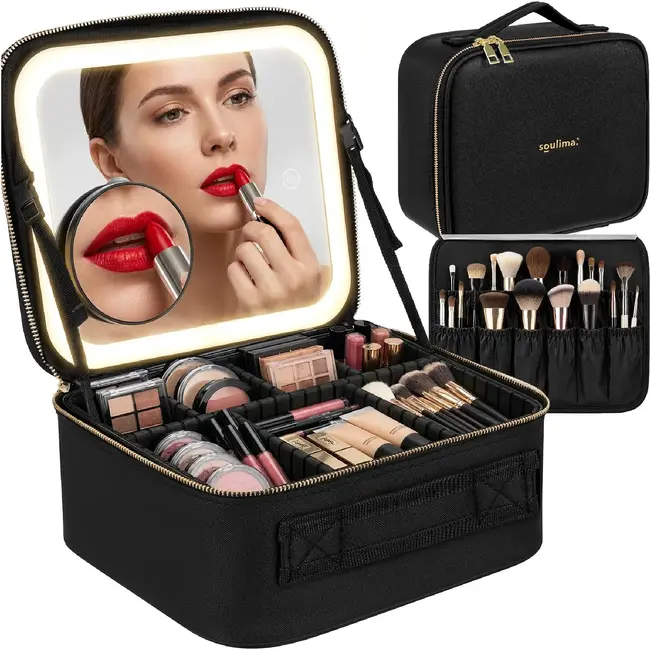 Soulima Cosmetisch etui met LED-spiegel zwart 25,5 x 23,5 x 12 cm