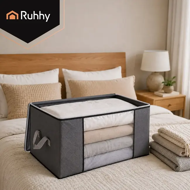 Ruhhy Beddengoed opbergers 60 x 40 x 35 cm set van 4 met venster en tweewegrits