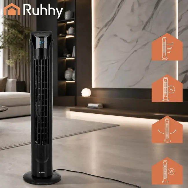 Ruhhy Kolomventilator zwart 83 cm met timer, LED-display en 70° oscillatie