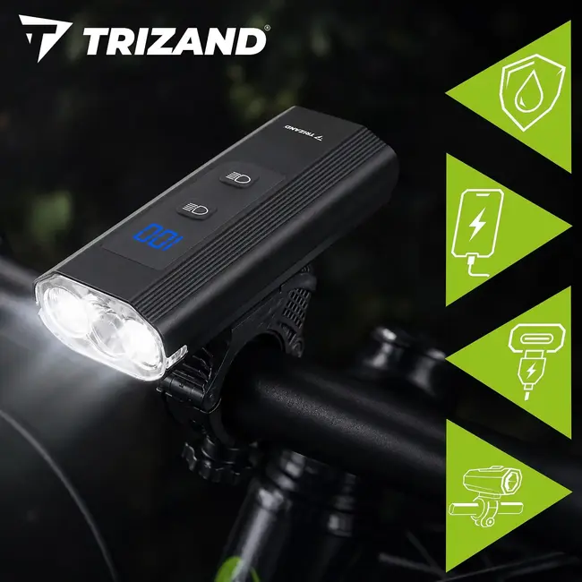 Trizand LED fietslamp 1300 lumen met achterlicht, powerbank en 13 standen voor de fiets