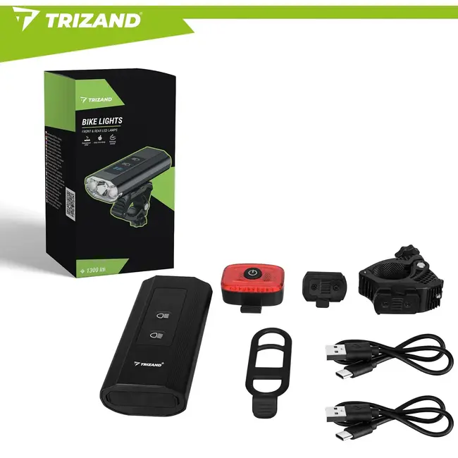 Trizand LED fietslamp 1300 lumen met achterlicht, powerbank en 13 standen voor de fiets
