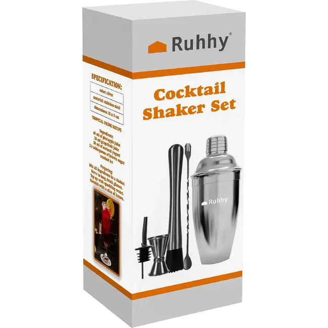 Ruhhy Cocktail shaker set 6-delig met 700 ml shaker, muddler, barmaatje en schenktuiten