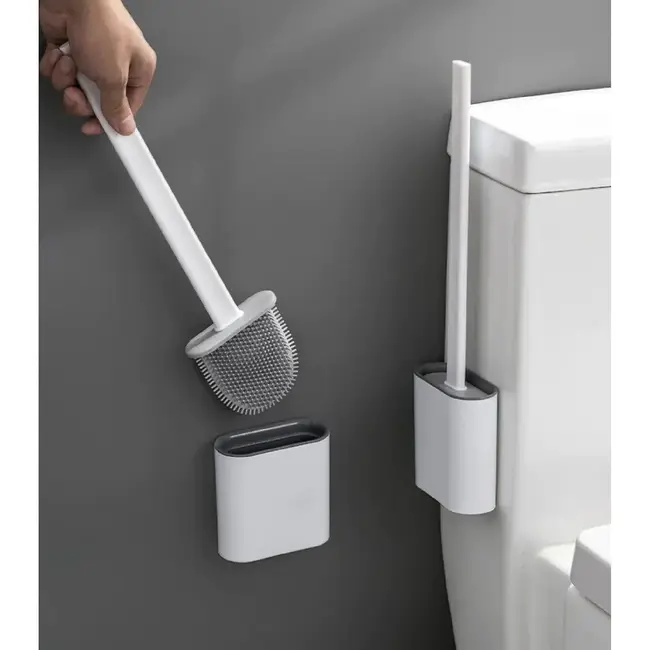 Ruhhy Siliconen toiletborstel wit grijs met geventileerde houder en wandmontage