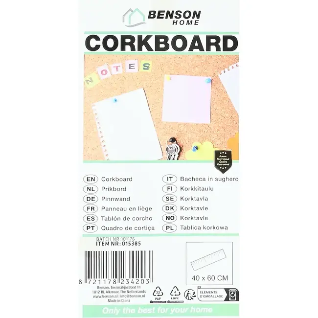 Benson Prikbord 40 x 60 cm met kurk, houten frame, 2 ophangogen en 5 punaises