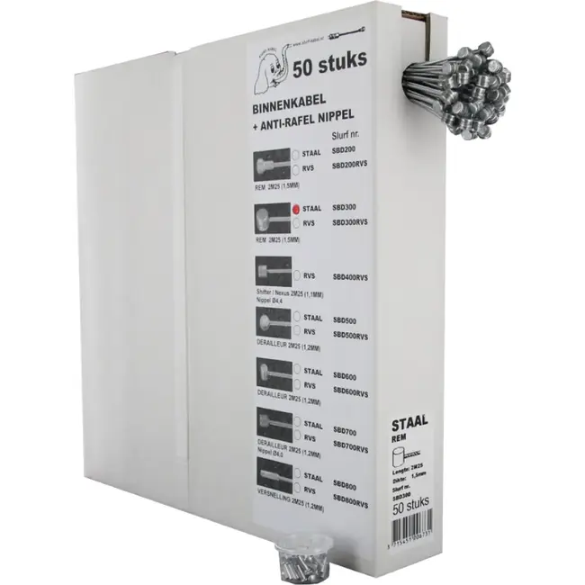 Slurf Binnenkabel met tonnippel - RVS - 2,25 meter - 50 stuks - Anti-rafelnippel