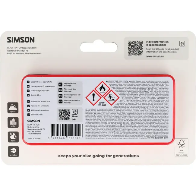 Simson Reparatiedoos normaal rood met bandenlichters, solutie en pleisters voor thuis en onderweg