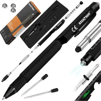 Bigstren Multitool pen 9-in-1 zwart met zaklamp, stylus, opener, waterpas en schroevendraaier