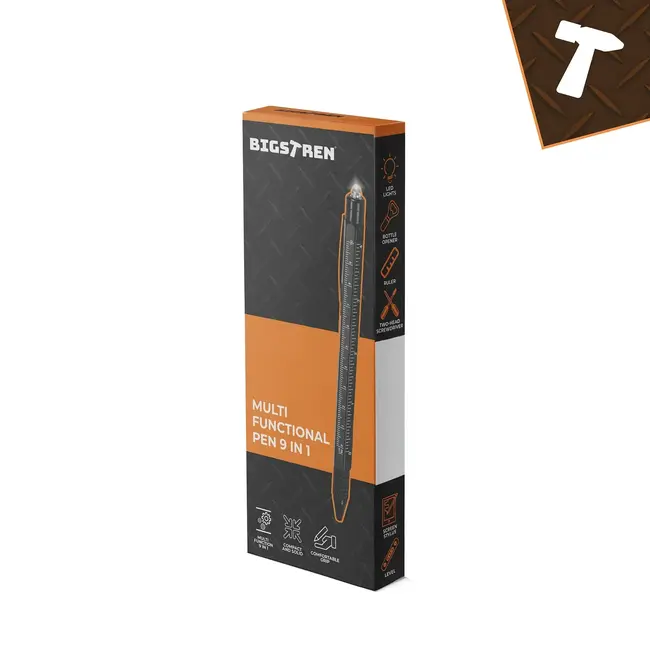 Bigstren Multitool pen 9-in-1 zwart met zaklamp, stylus, opener, waterpas en schroevendraaier