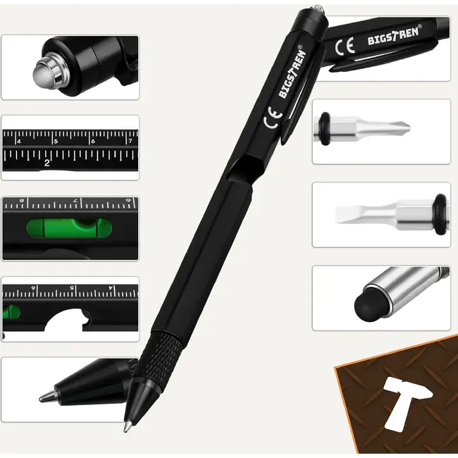 Bigstren Multitool pen 9-in-1 zwart met zaklamp, stylus, opener, waterpas en schroevendraaier
