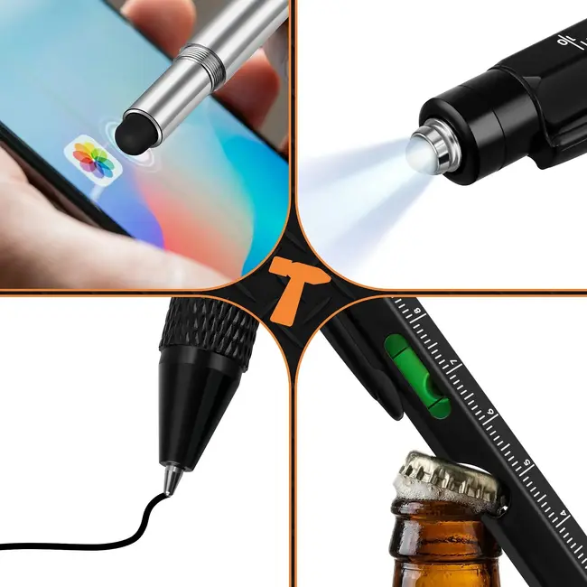 Bigstren Multitool pen 9-in-1 zwart met zaklamp, stylus, opener, waterpas en schroevendraaier