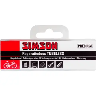 Simson Tubeless reparatiedoos rood met pleisters, blauwe solutie en montagevloeistof voor fietsbanden