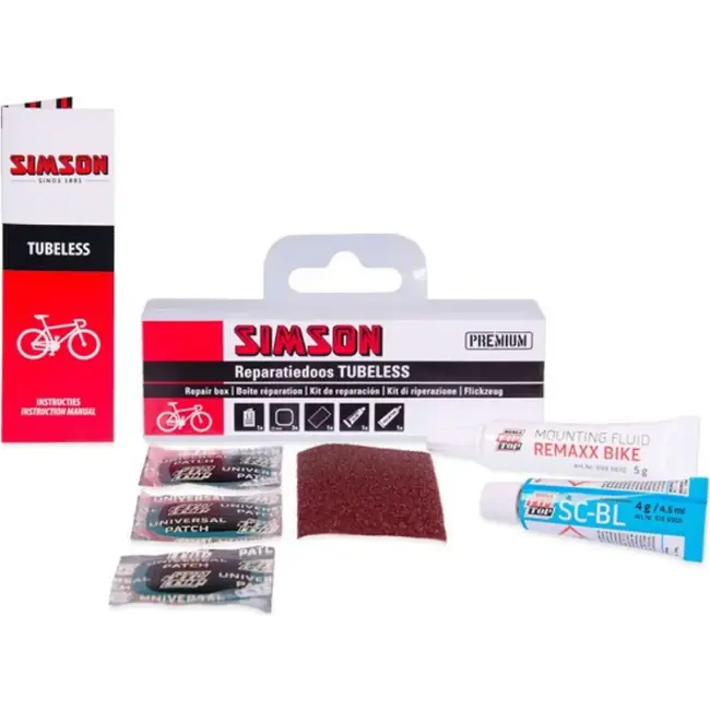 Simson Tubeless reparatiedoos rood met pleisters, blauwe solutie en montagevloeistof voor fietsbanden