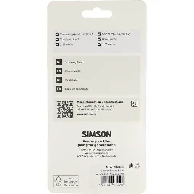 Simson Versnellingskabel binnenkabel 2,25 m met tonnippel en peernippel voor fiets