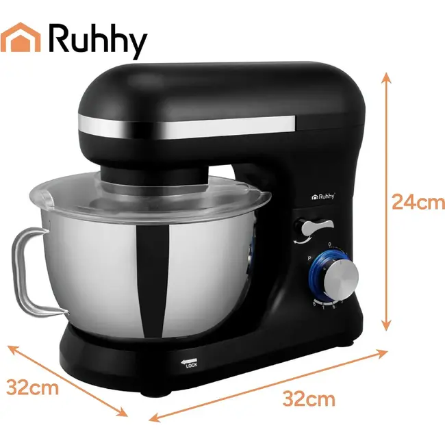 Ruhhy Planetaire keukenmachine 4,5 L zwart met 8 snelheden, PULSE en accessoires