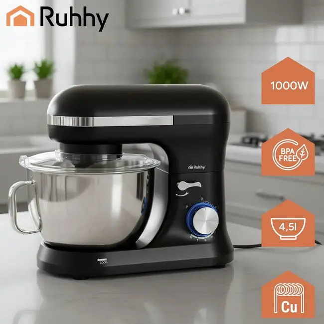 Ruhhy Planetaire keukenmachine 4,5 L zwart met 8 snelheden, PULSE en accessoires