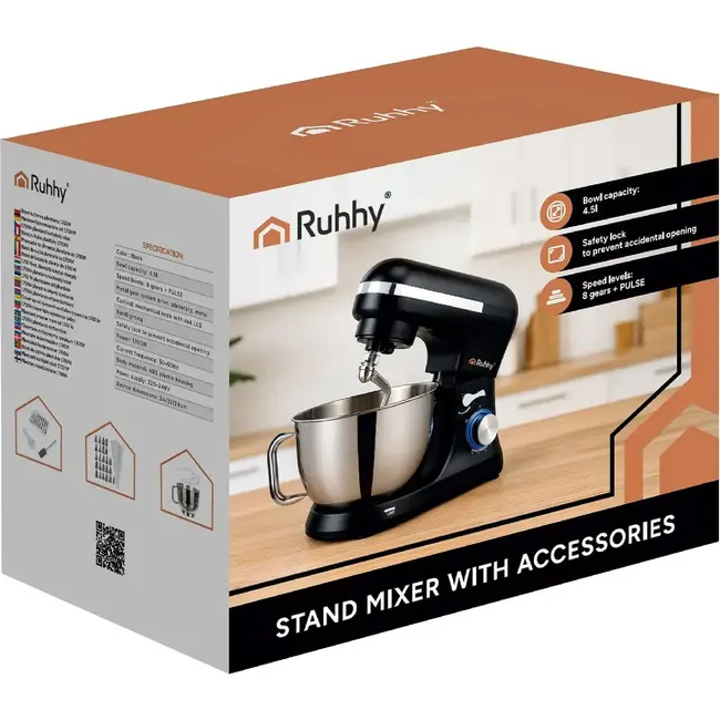 Ruhhy Planetaire keukenmachine 4,5 L zwart met 8 snelheden, PULSE en accessoires