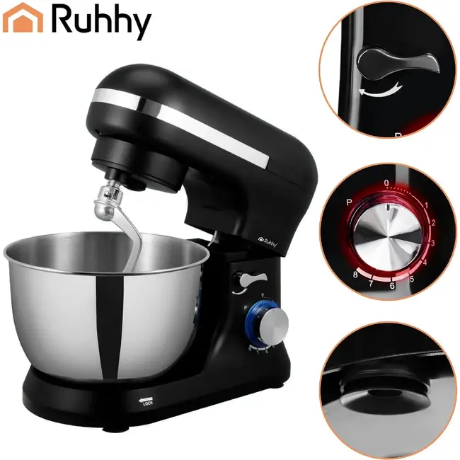 Ruhhy Planetaire keukenmachine 4,5 L zwart met 8 snelheden, PULSE en accessoires