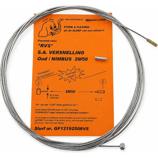Slurf RVS versnellingkabel - 250 cm - Geschikt voor Sturmey Archer oud/nimbus - Inclusief anti-rafelnippel