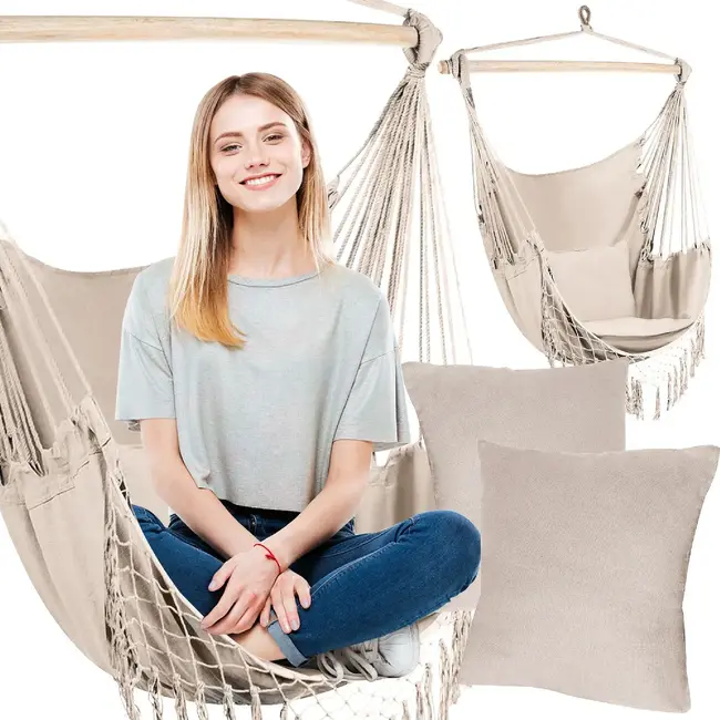 Ruhhy Beige Braziliaanse hangstoel met kussens - perfect voor tuin