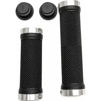 Falkx Zwarte fiets handvatten - Comfortabele grip - Zilveren lock ring - Lengte 95/130 mm