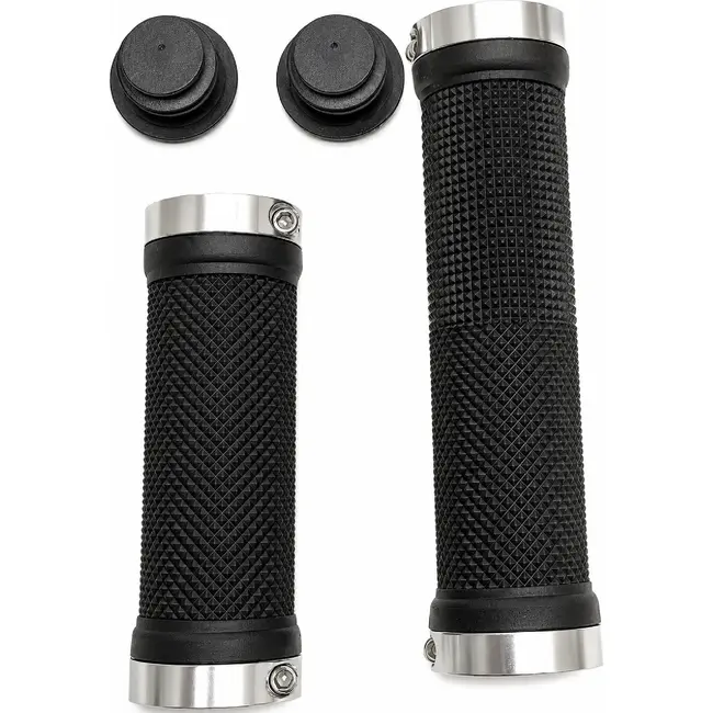 Falkx Zwarte fiets handvatten - Comfortabele grip - Zilveren lock ring - Lengte 95/130 mm
