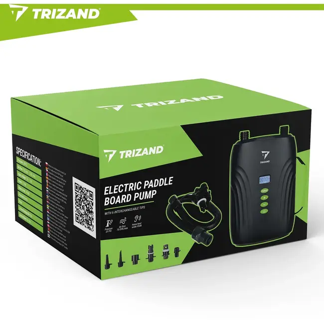Trizand Elektrische SUP pomp 12 V zwart met 20 PSI, 6 opzetstukken, 70 cm slang en 240 cm kabel voor SUP en kajak