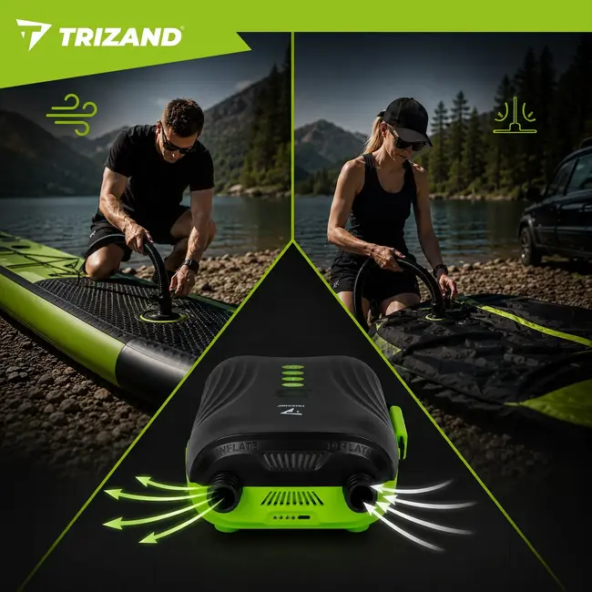 Trizand Elektrische SUP pomp 12 V zwart met 20 PSI, 6 opzetstukken, 70 cm slang en 240 cm kabel voor SUP en kajak