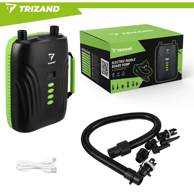 Trizand Elektrische SUP pomp 12 V zwart met 20 PSI, 6 opzetstukken, 70 cm slang en 240 cm kabel voor SUP en kajak