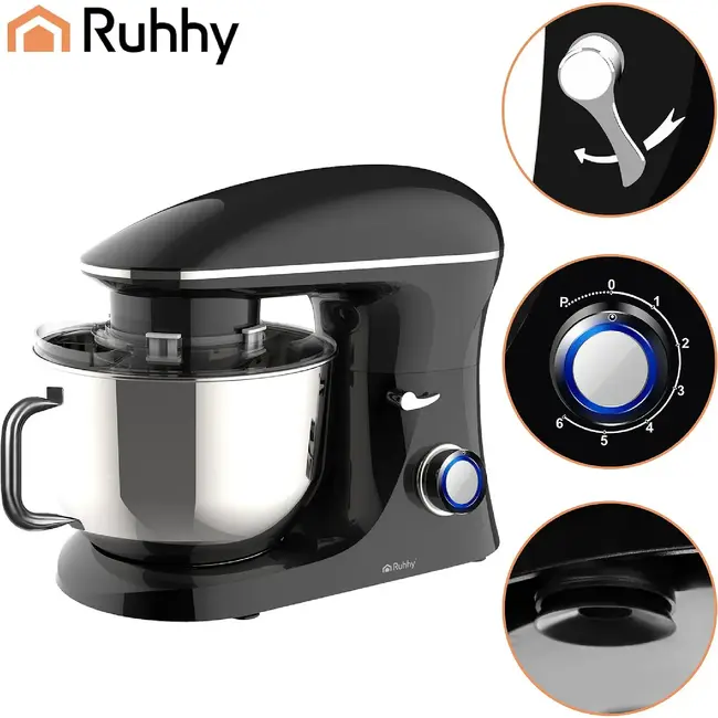 Ruhhy Planetaire keukenmachine 6,2 l zwart met kom, 3 mengstukken, Pulse, spatdeksel en decoratieset voor deeg en beslag thuis