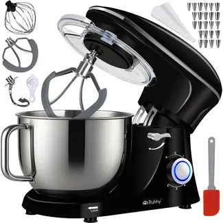 Ruhhy Planetaire keukenmachine 6,2 l zwart met kom, 3 mengstukken, Pulse, spatdeksel en decoratieset voor deeg en beslag thuis