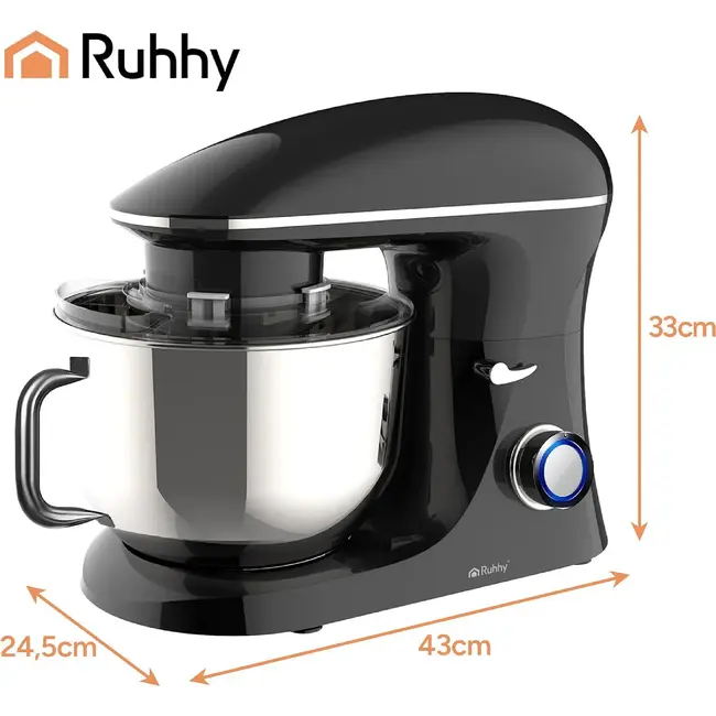 Ruhhy Planetaire keukenmachine 6,2 l zwart met kom, 3 mengstukken, Pulse, spatdeksel en decoratieset voor deeg en beslag thuis