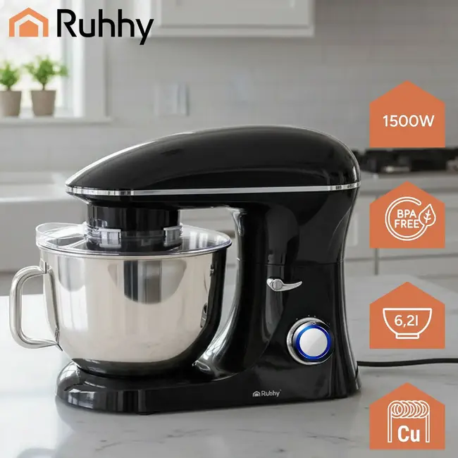 Ruhhy Planetaire keukenmachine 6,2 l zwart met kom, 3 mengstukken, Pulse, spatdeksel en decoratieset voor deeg en beslag thuis