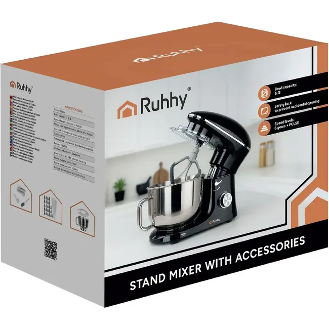 Ruhhy Planetaire keukenmachine 6,2 l zwart met kom, 3 mengstukken, Pulse, spatdeksel en decoratieset voor deeg en beslag thuis